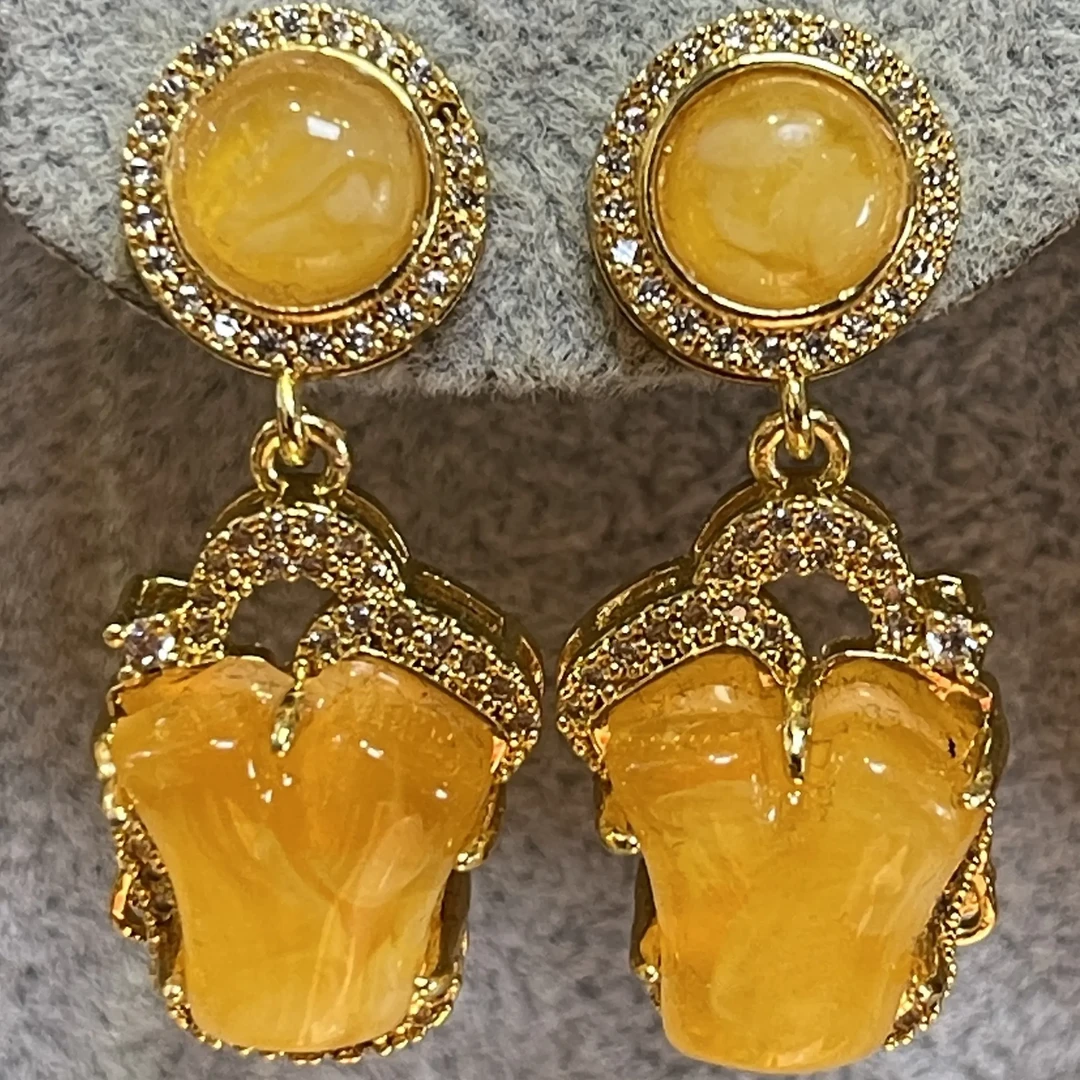 铜合金合成锆石耳饰 非金属黄色琥珀耳钉轻奢高级设计感气质时尚