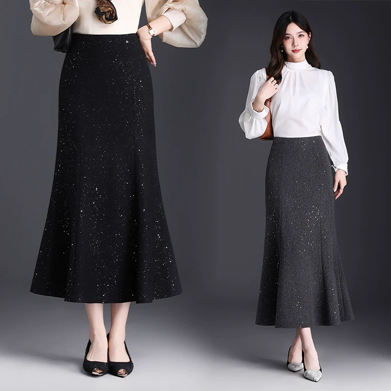 满天星亮片鱼尾裙半身裙长裙女秋冬厚款高腰大摆荷叶边修身包臀裙