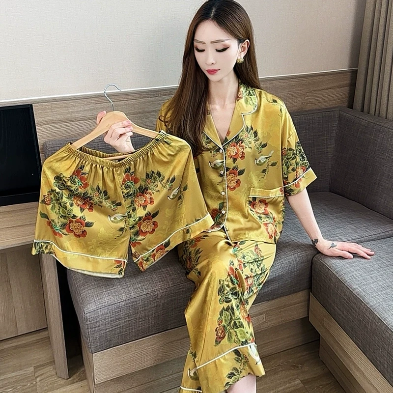 睡衣夏季女士冰丝2025年新款短袖三件套高级感中式短袖家居服秋天