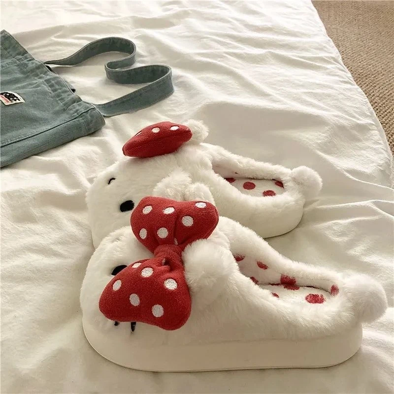 波点KT猫咪可爱ins卡通拖鞋冬季外穿室内防滑居家保暖毛毛鞋甜美s