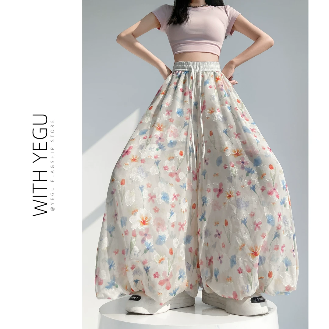 彩色花苞裤裙女夏季薄款松紧高腰花卉灯笼裤小个子阔腿蓬蓬裙裤潮