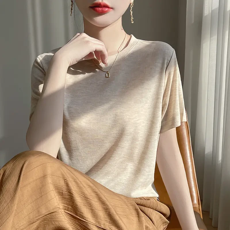 100%莱赛尔天丝短袖2025夏新款圆领T桖百搭针织半袖A63