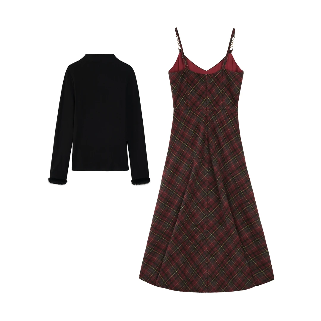 鹿向南「聆听维也纳」格纹连衣裙打底衫两件套新款时尚套装L526102