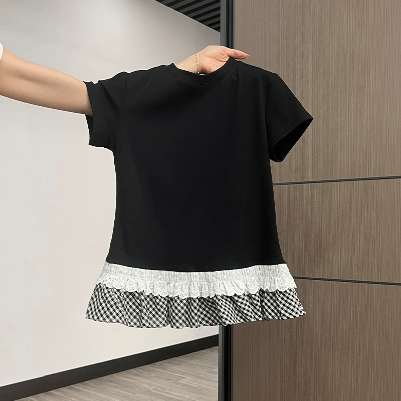黑色正肩蕾丝下摆荷叶边短袖T恤女2025夏季内搭修身显瘦打底上衣