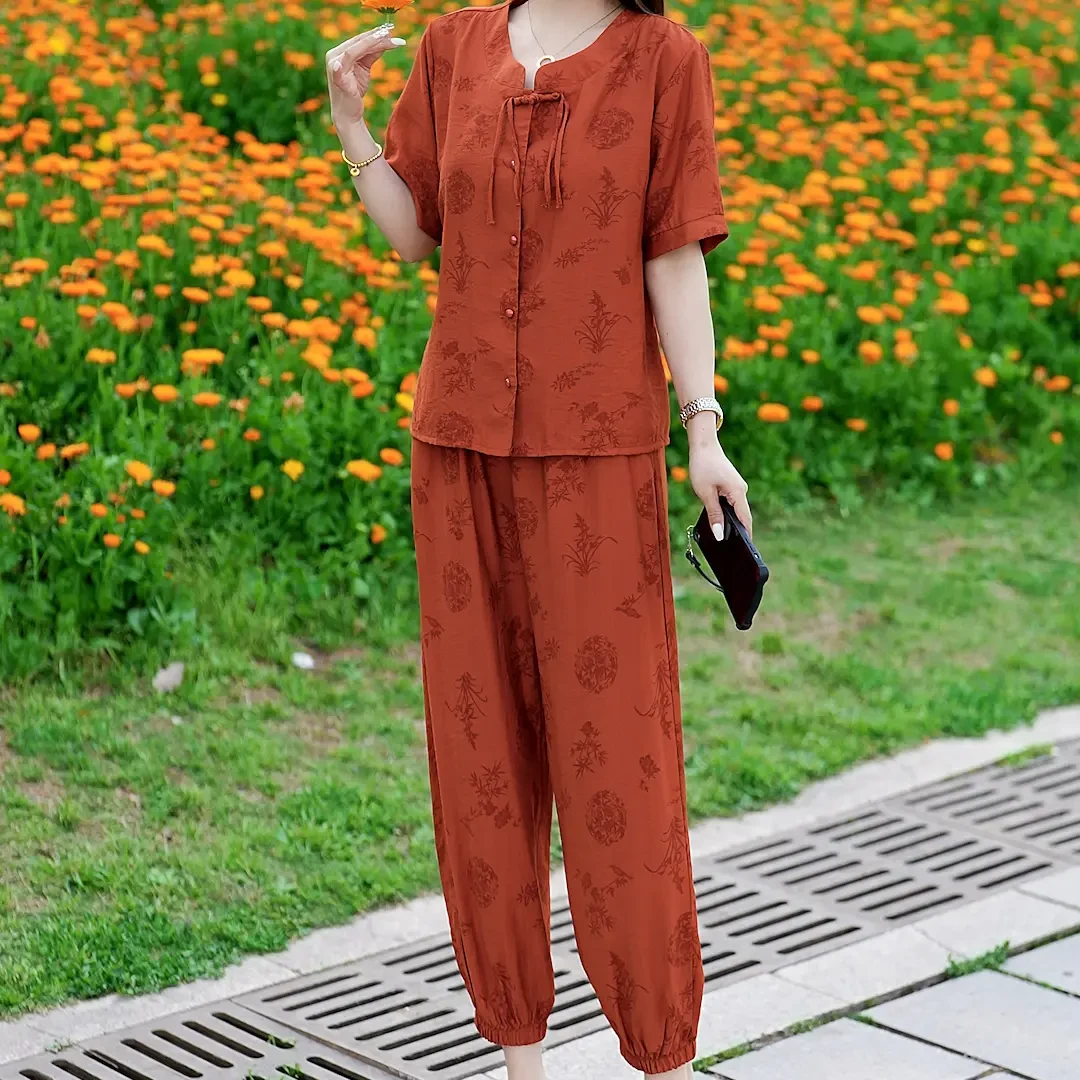 时尚妈妈装薄款夏装套装宽松型宽松中老年纽扣中老年女装两件套