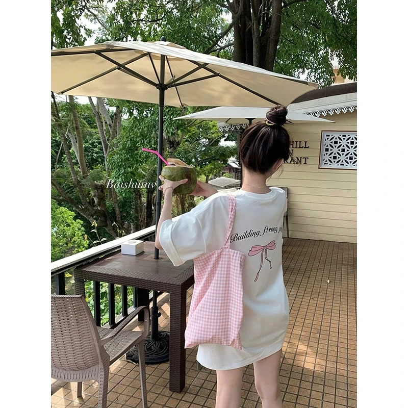 白水女【清清款】 印花落肩短袖T恤宽松可爱休闲上衣 B50247958