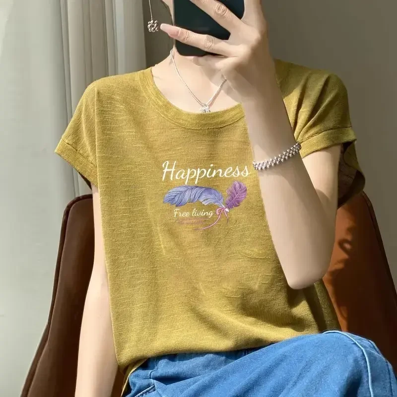 啄木鸟冰丝竹节棉麻短袖T恤女夏季新款宽松显瘦凉爽减龄半袖上衣