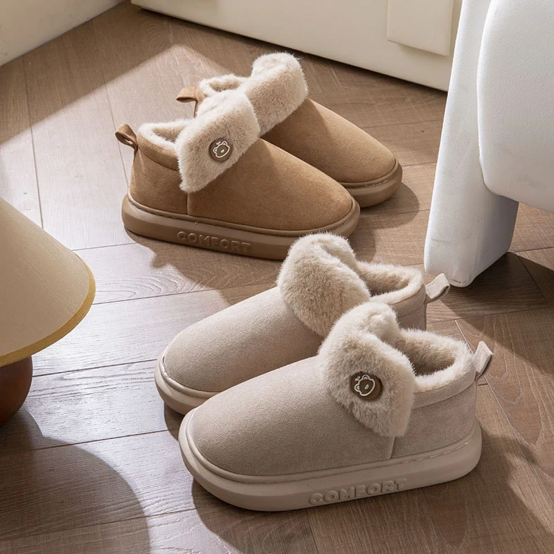 高帮毛棉拖鞋男女包跟秋冬季情侣室内有带后跟棉鞋厚底居家用保暖