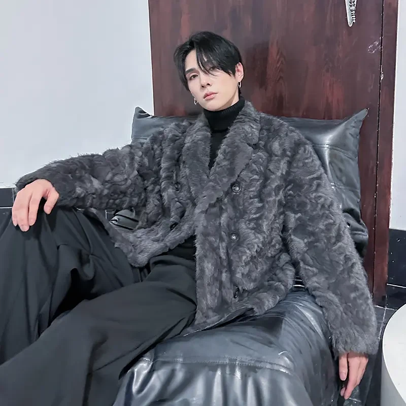 美式灰色小湖羊皮草男秋冬季潮牌一体绒情侣外套复古宽松短款大衣