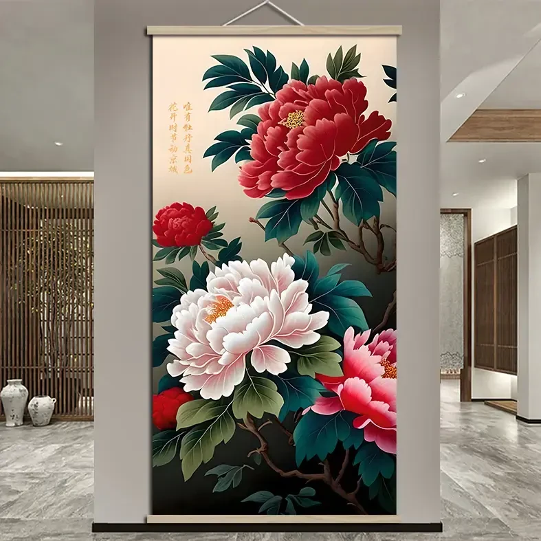 富贵牡丹图花开富贵卷轴画客厅画新中式家里吉祥平安实木卷轴挂画