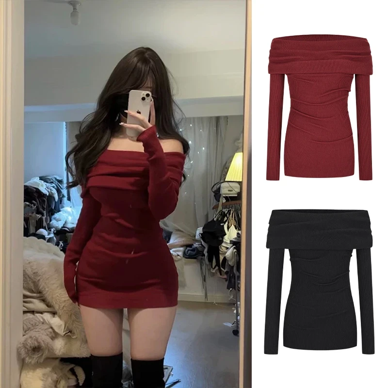 2024秋冬新款魔西女王红色一字肩针织连衣裙女高级感修身包臀短裙