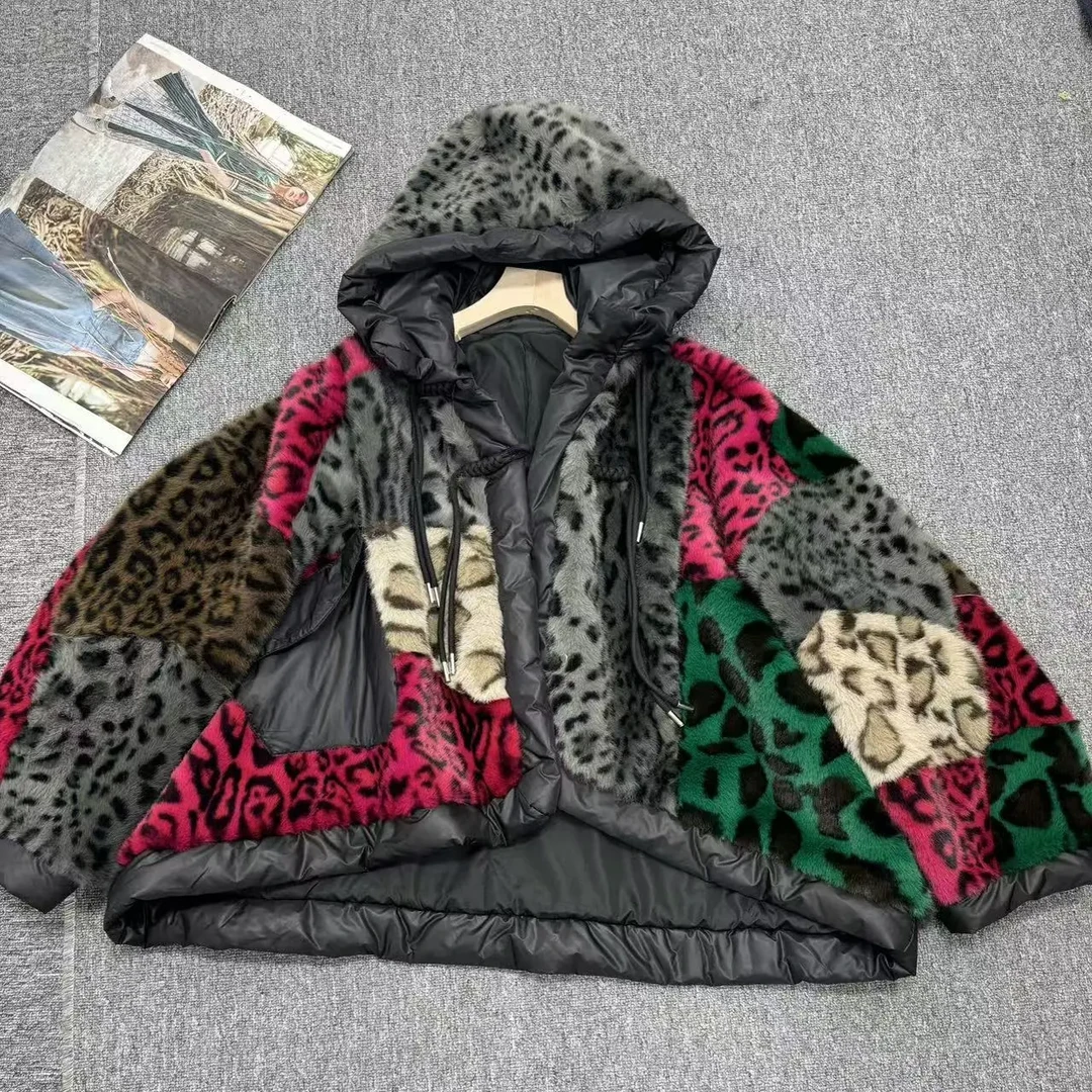 “托卡”斗篷彩色豹纹拼色撞色多色连帽斗篷环保皮草外套