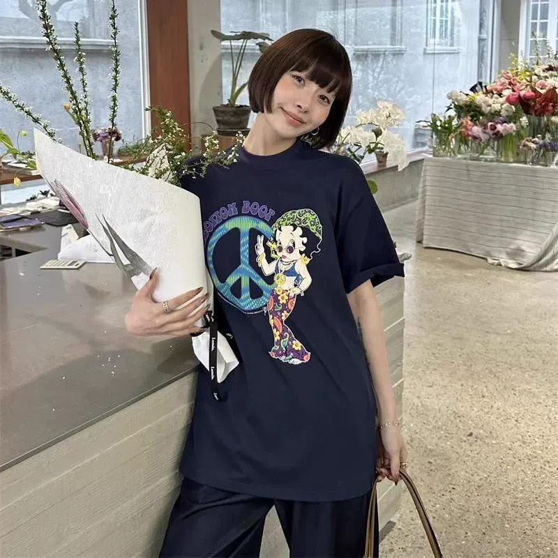 欧货2025秋冬新款时尚洋气贝蒂印花棉短袖T恤女士宽松上衣潮牌