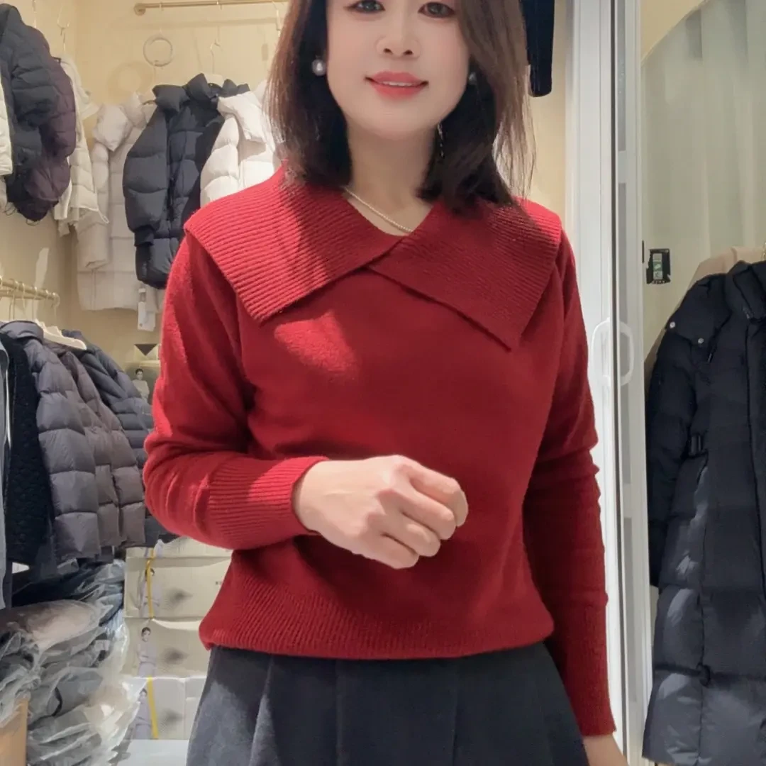 彦丽家秋冬法式休闲大翻领长袖百搭气质针织衫女上衣