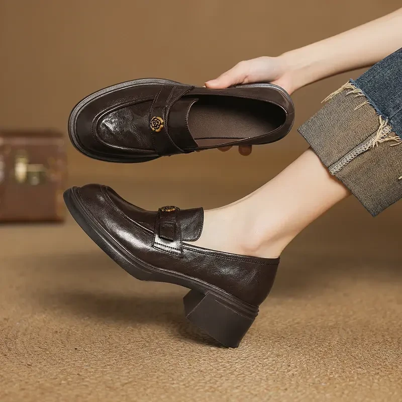 羊皮/6cm复古百搭圆单鞋山乐福鞋女2025新款粗跟高跟小皮鞋