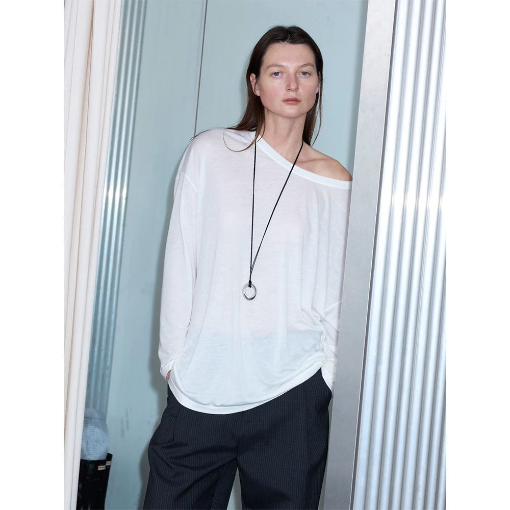 RandomPiece25春新品 羊毛天丝前短后长设计一字领可斜肩长袖T恤