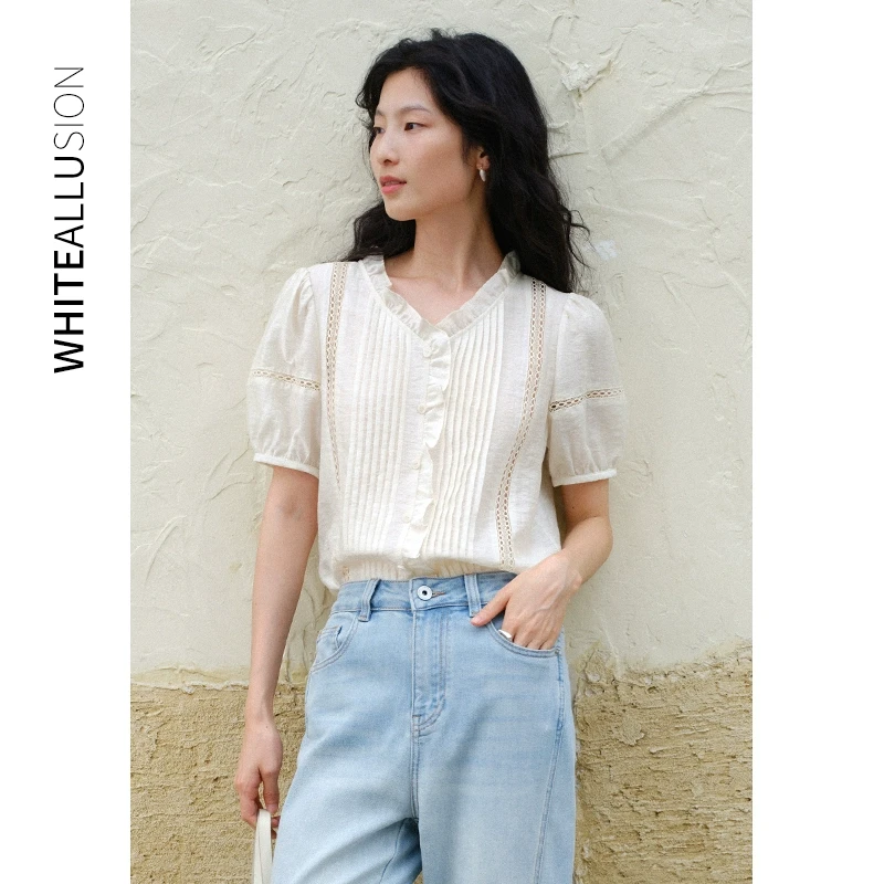 素典泡泡袖短袖衬衫女夏款木耳边别致小衫轻熟法式上衣2008