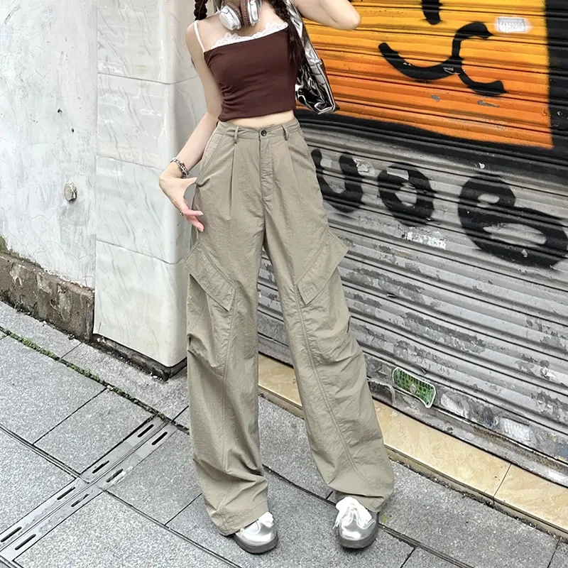 美式工装阔腿裤女夏季薄款小个子高腰显瘦垂拖地速干休闲裤牛仔裤