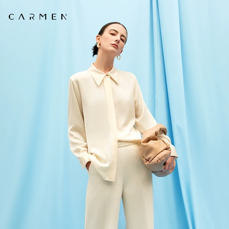 【商场同款】Carmen三醋酸缎面衬衫女高级感早春25新款POLO领上衣