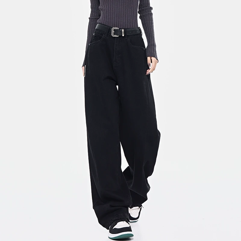 KEN STUDIO春季新款黑色牛仔裤女高腰直筒垂感复古宽松阔腿裤裤子