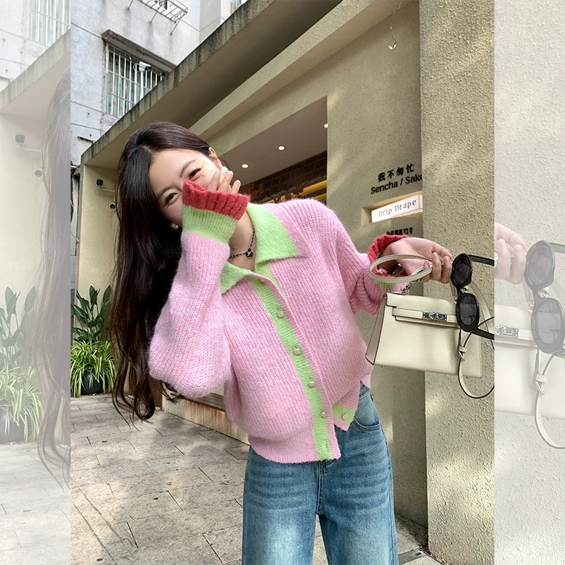 曾小咸 韩系粉色撞色宽松翻领毛衣女休闲百搭针织开衫Z251MY0116