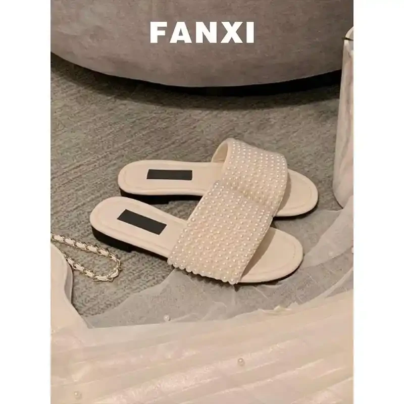 爆款版~法式小香风珍珠平底凉拖鞋女名媛外穿懒人软底一字拖鞋