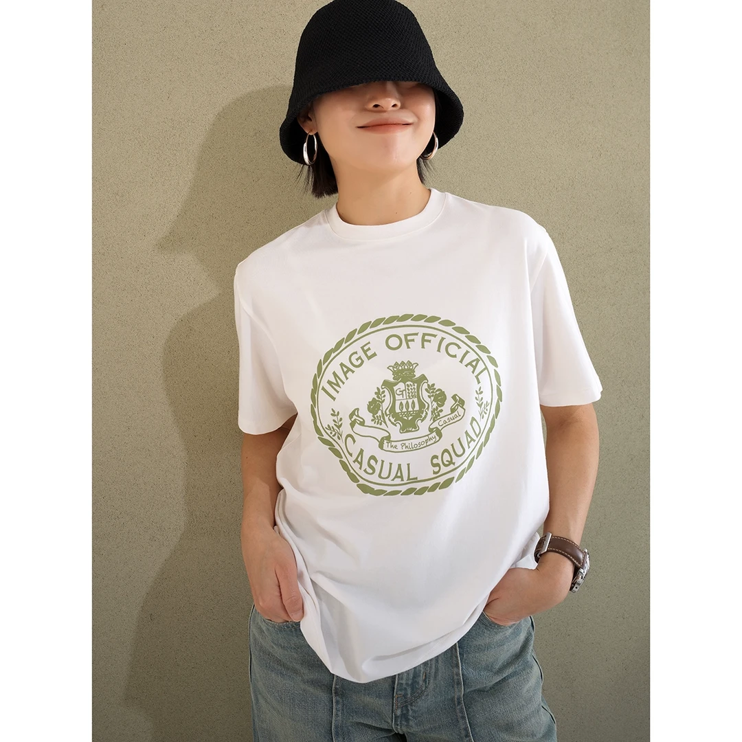 UPINLOOK基础T 丝滑莫代尔 印花女米白圆领宽松弹力短袖T恤CA602