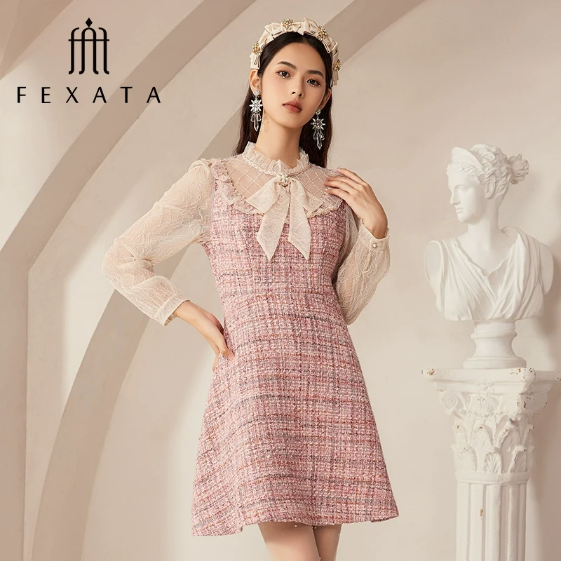 【诗语专属】FEXATA斐格思小香风粗花呢裙网纱蝴蝶结连衣裙