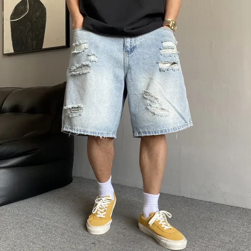 夏季美式休闲痞帅复古舒适破洞牛仔短裤男直筒宽松高街五分裤子潮