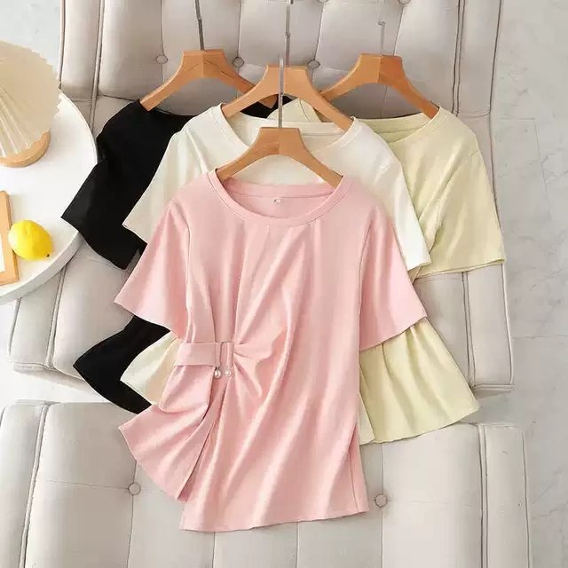 2025美式复古不规则下摆褶皱珍珠扣T恤夏季大码宽松显瘦别致上衣