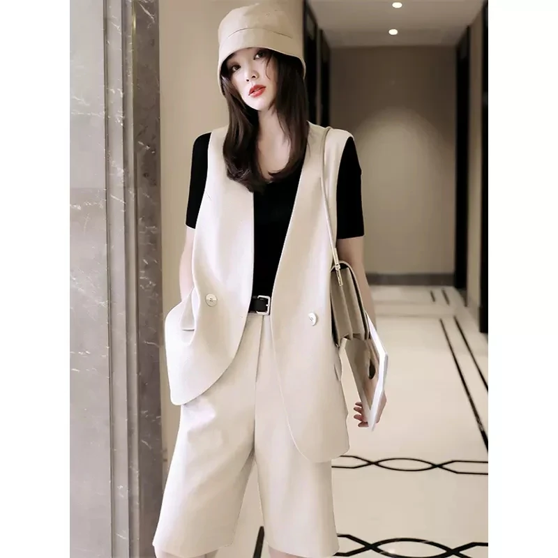 西装马甲套装女夏季新款遮肉显瘦时尚盐系轻熟时尚短裤两件套