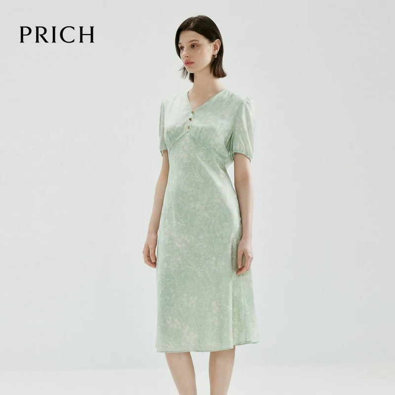 0120+【CC专属】+PRICH薄荷曼波绿色法式印花连衣裙