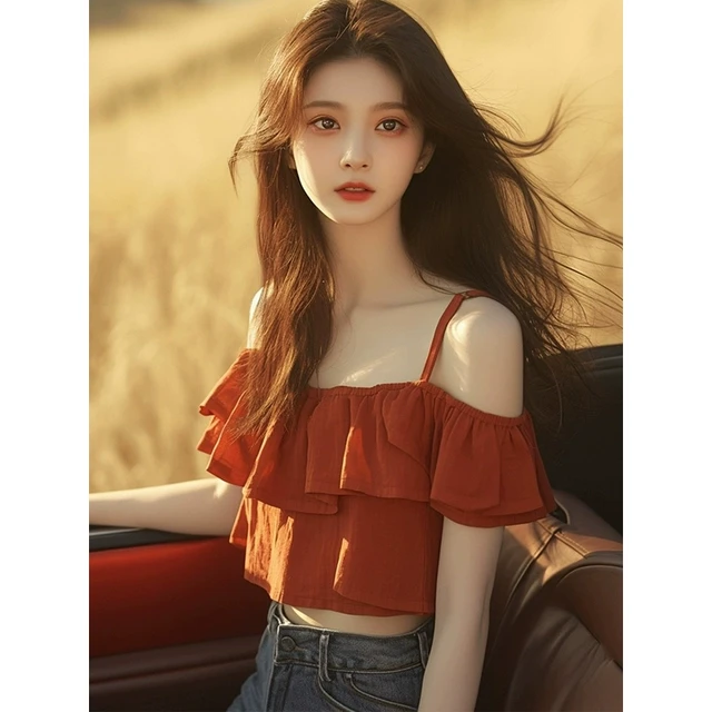 2024夏季新款美式复古甜辣小上衣洋气独特别致红色露肩吊带上衣女