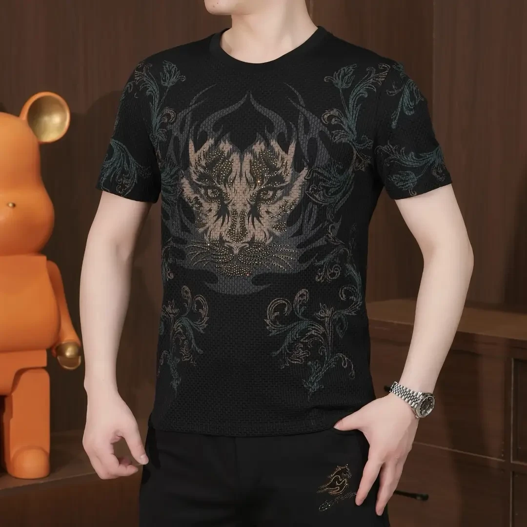 高品质夏季冰丝虎头图腾中国风印花烫钻休闲圆领t恤短袖