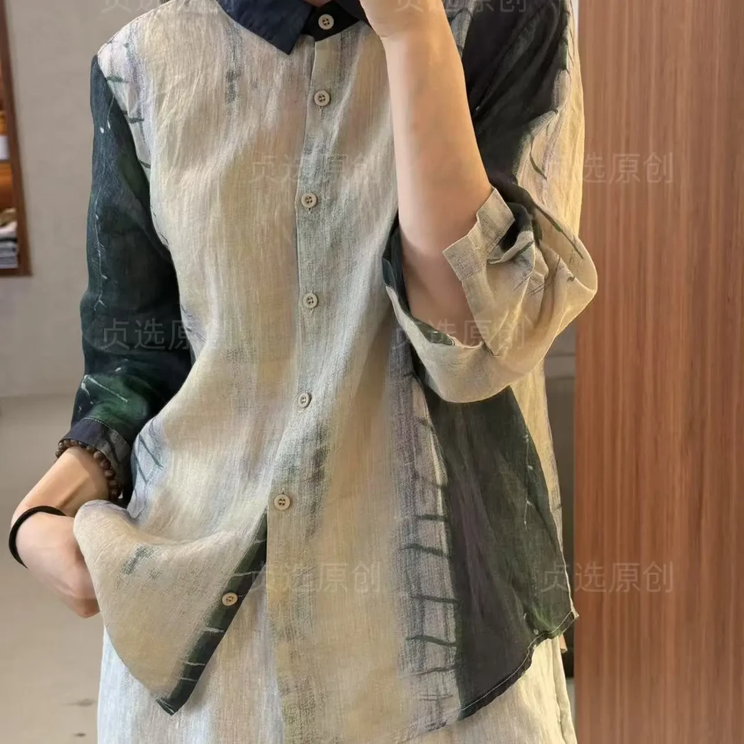 2442-拼色设计长袖苎麻衬衫时尚百搭宽松休闲减龄开衫上衣