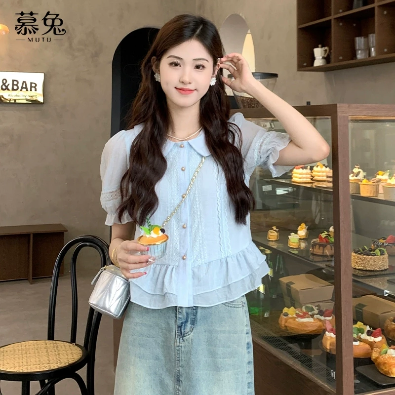 慕兔法式娃娃领复古蓝色衬衫女2024夏季新款泡泡袖设计感减龄上衣