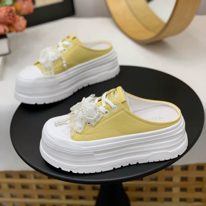 串珠蝴蝶结网面包头半拖鞋2025年夏季新款百搭休闲甜美潮流小白鞋