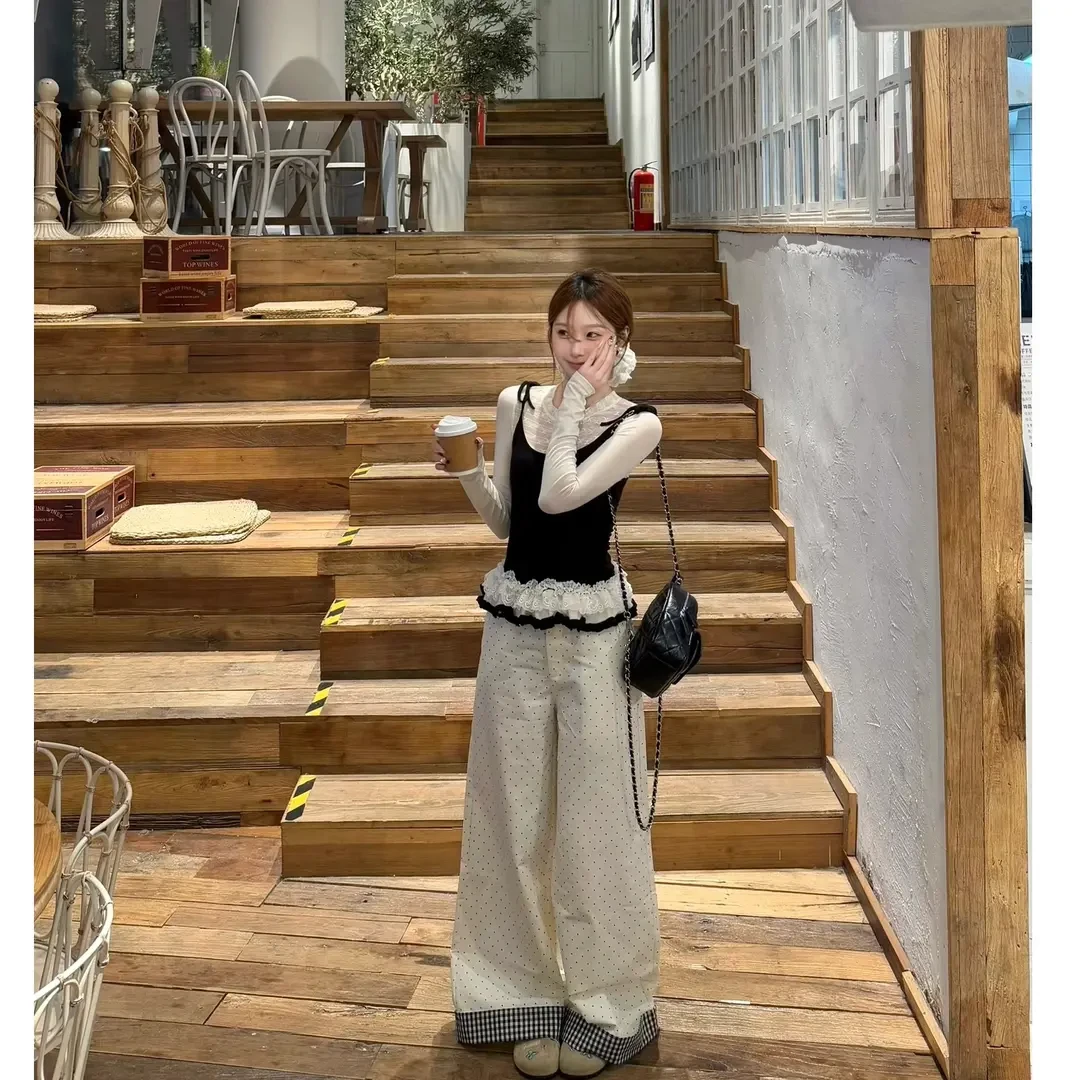 多巴胺服装女秋季新款韩系荷叶边假两件上衣设计感小众显瘦裤子