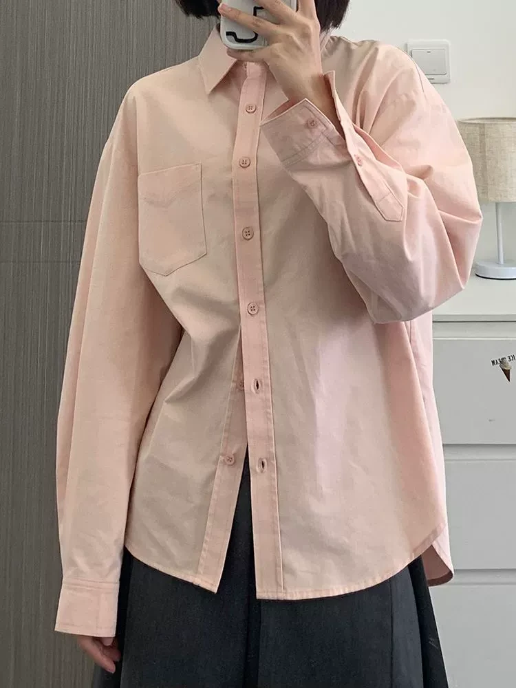 法式纯色100%纯棉衬衫女早春2026新款韩系宽松休闲polo长袖衬衣女