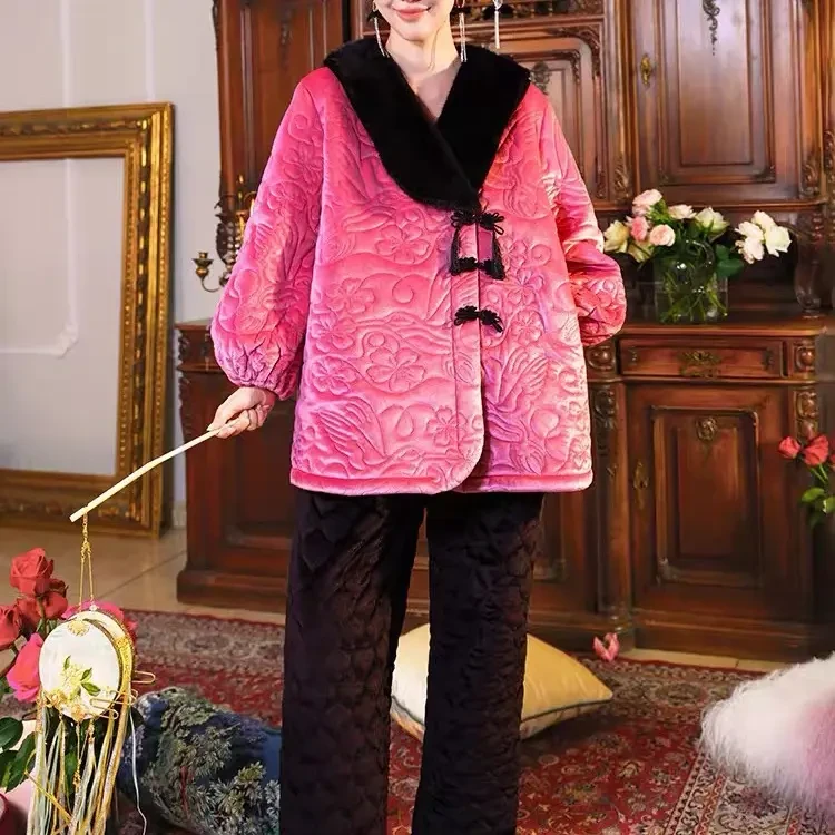 AZ新中式满绣花鸟三层加厚夹棉冬季长袖睡衣家居服两件套女