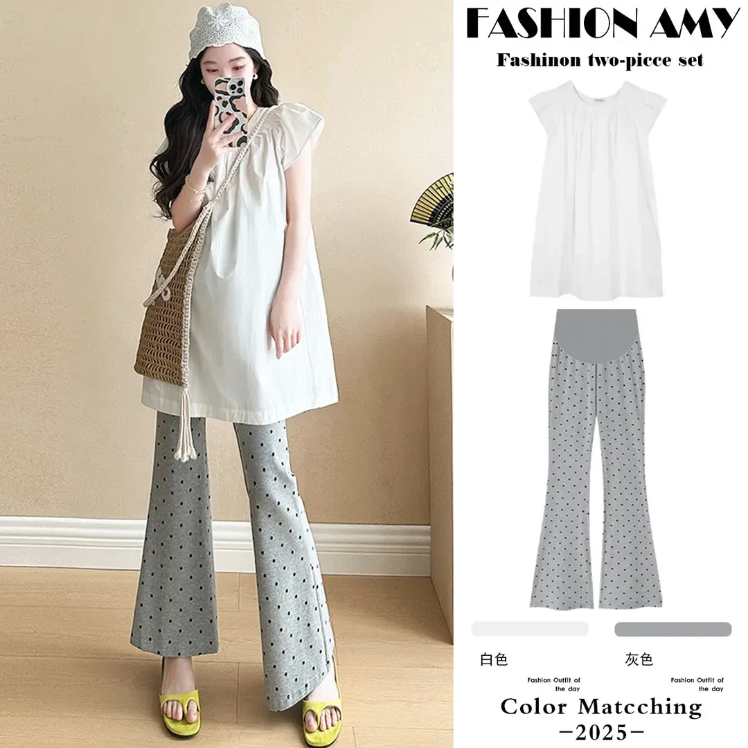 孕妇装夏装套装新款时尚韩版宽松慵懒小飞袖上衣显瘦波点喇叭裤子