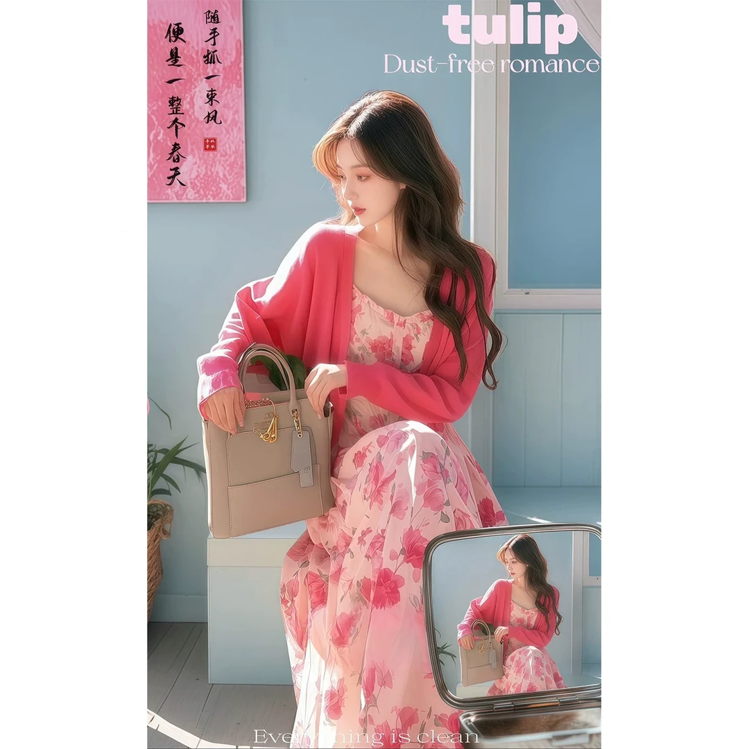 女生韩系ins衣服入春搭配一整套卡傲臻针织开衫碎花连衣裙多巴胺