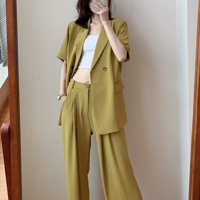 2025夏季新款大码女装微胖mm西服两件套短袖小西装阔腿裤薄款套装