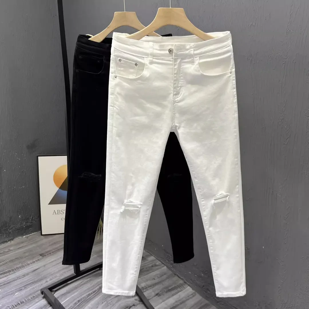 白色简约破洞牛仔裤男士夏季弹力修身小脚直筒裤潮流个性青年长裤