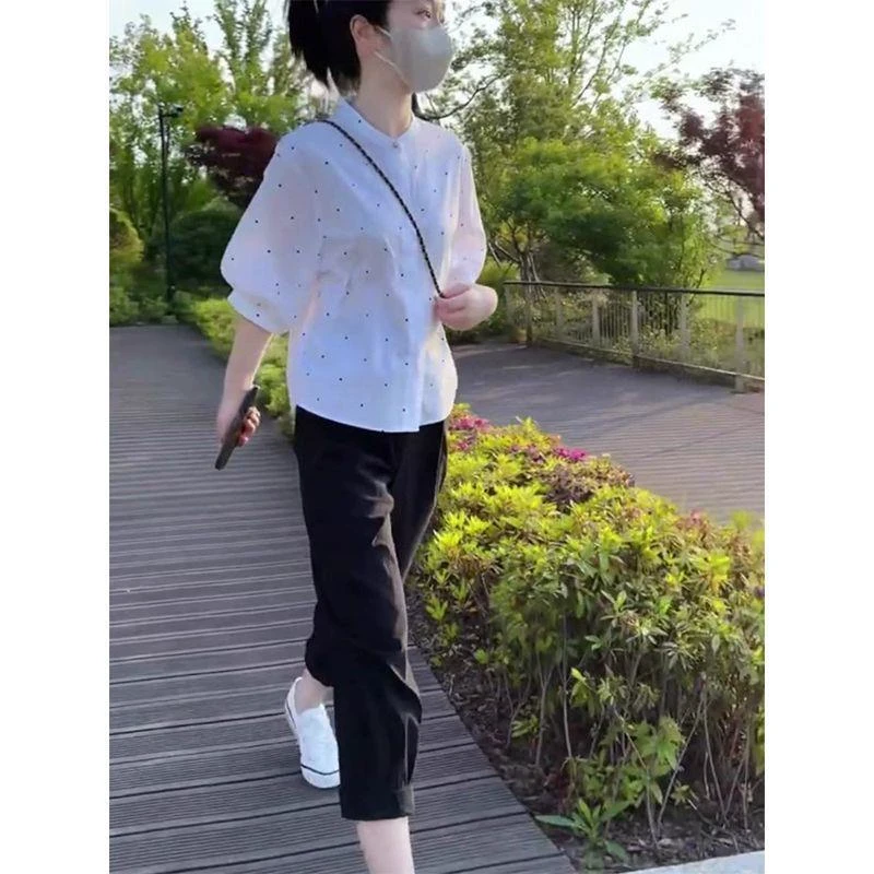 韩版小清新波点衬衫盐系洋气减龄设计感遮肚上衣