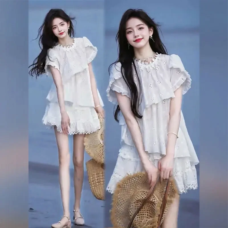 清纯系减龄镂空木耳边不规则上衣 设计感蕾丝花边半裙两套装女潮
