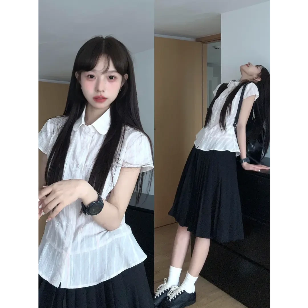 洋气衣服女甜美百搭条纹翻领收腰小飞袖衬衫高腰半身裙套装女款