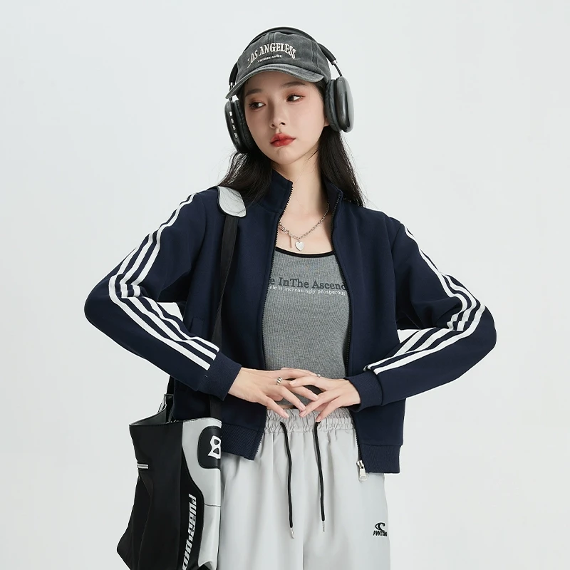 藏青色短款卫衣外套女春秋薄款2025新款早春修身拉链运动开衫