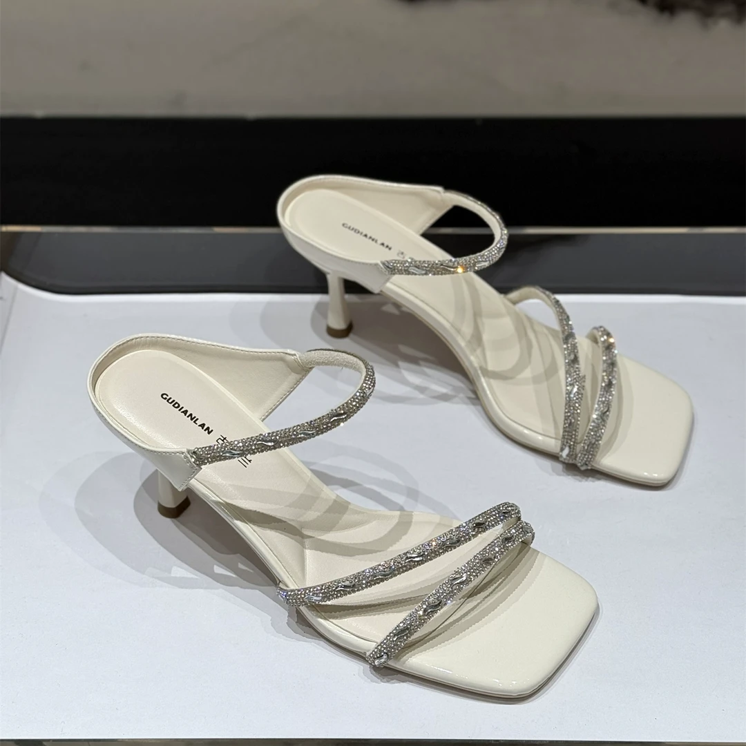 韩版仙女百搭水钻细跟一字拖女2025新款夏方头高跟外穿洋气凉拖鞋