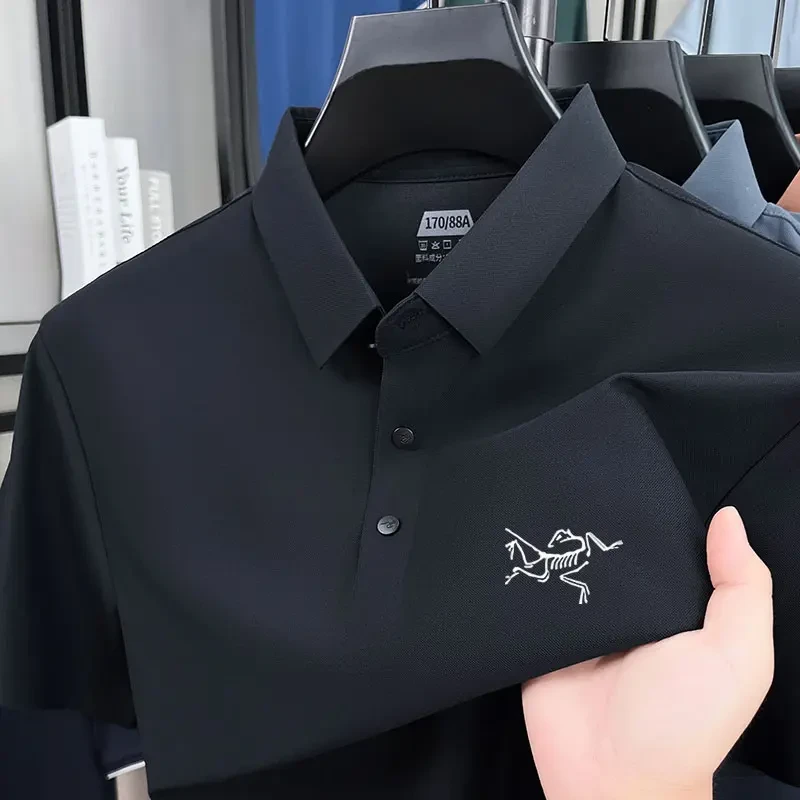 奥莱撤柜【1折】始祖刺绣鸟冰丝无痕短袖T恤弹力翻领POLO衫男休闲
